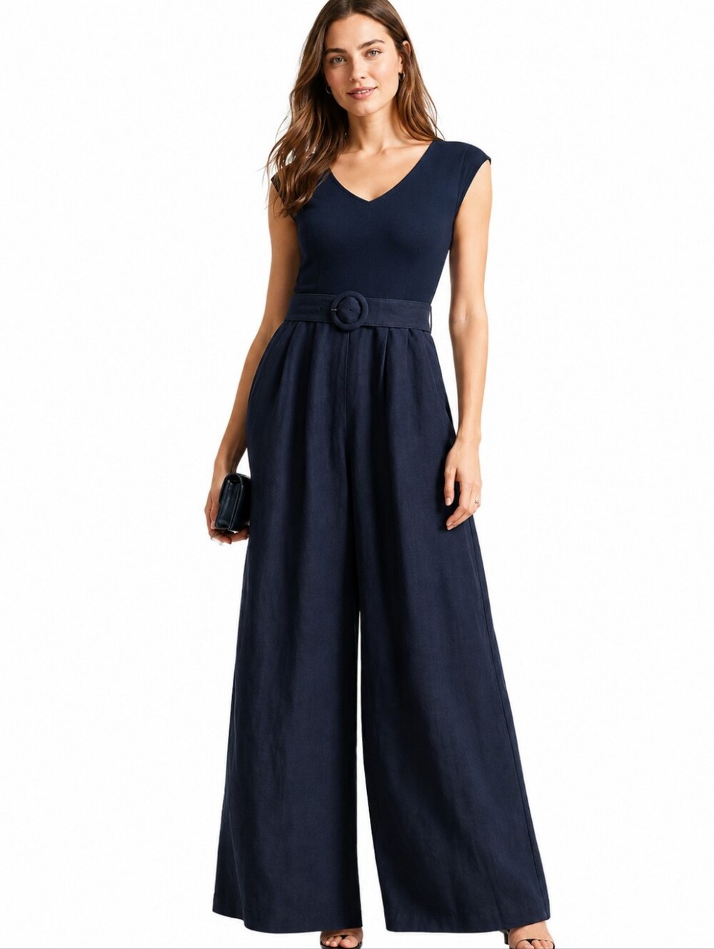 Ted Baker Navy V-Neck Wide-Leg Jumpsuit with Belt Size S